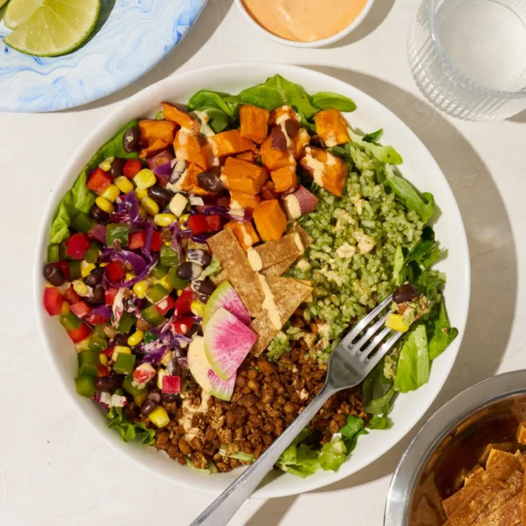 Microbiome Mojo Salad featuring mixed greens topped with roasted sweet potatoes, black beans, corn, watermelon radish, grains, and crispy tortilla strips in a white bowl.