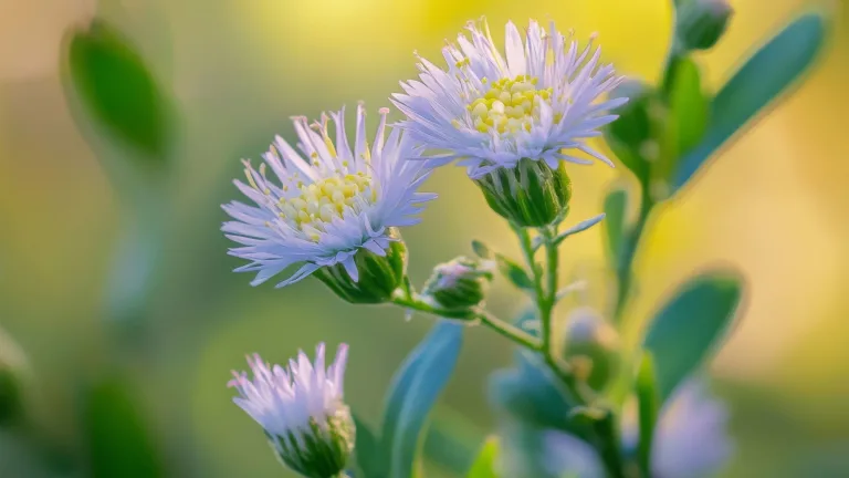 Close-up of small purple flowers with green leaves against a softly blurred background.