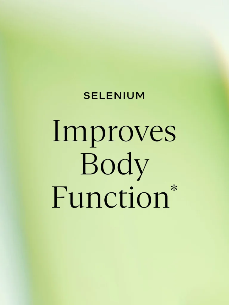 Sakara Daily Elixir liquid multivitamin graphic on soft green gradient background reading “Selenium: Improves Body Function”