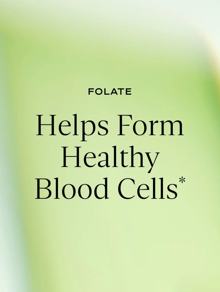 Sakara Daily Elixir liquid multivitamin graphic on soft green gradient background reading “Folate: Helps Form Healthy Blood Cells”