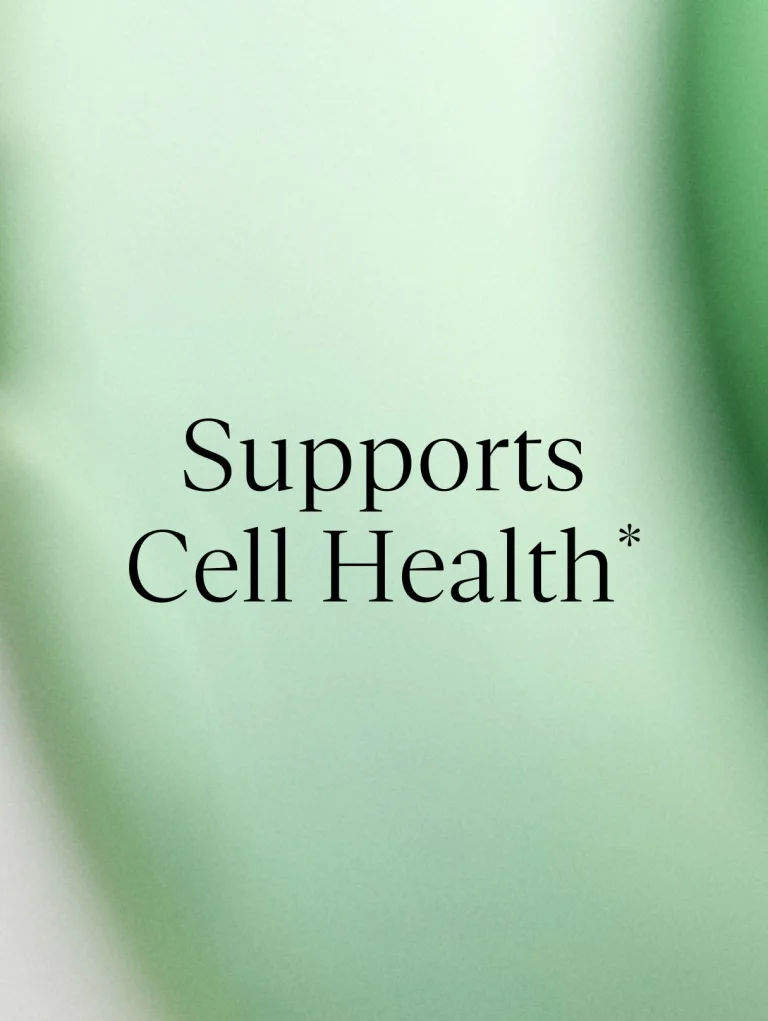Sakara Cell Reset liquid fulvic acid benefit card stating Supports Cell Health, displayed on a soft green gradient background