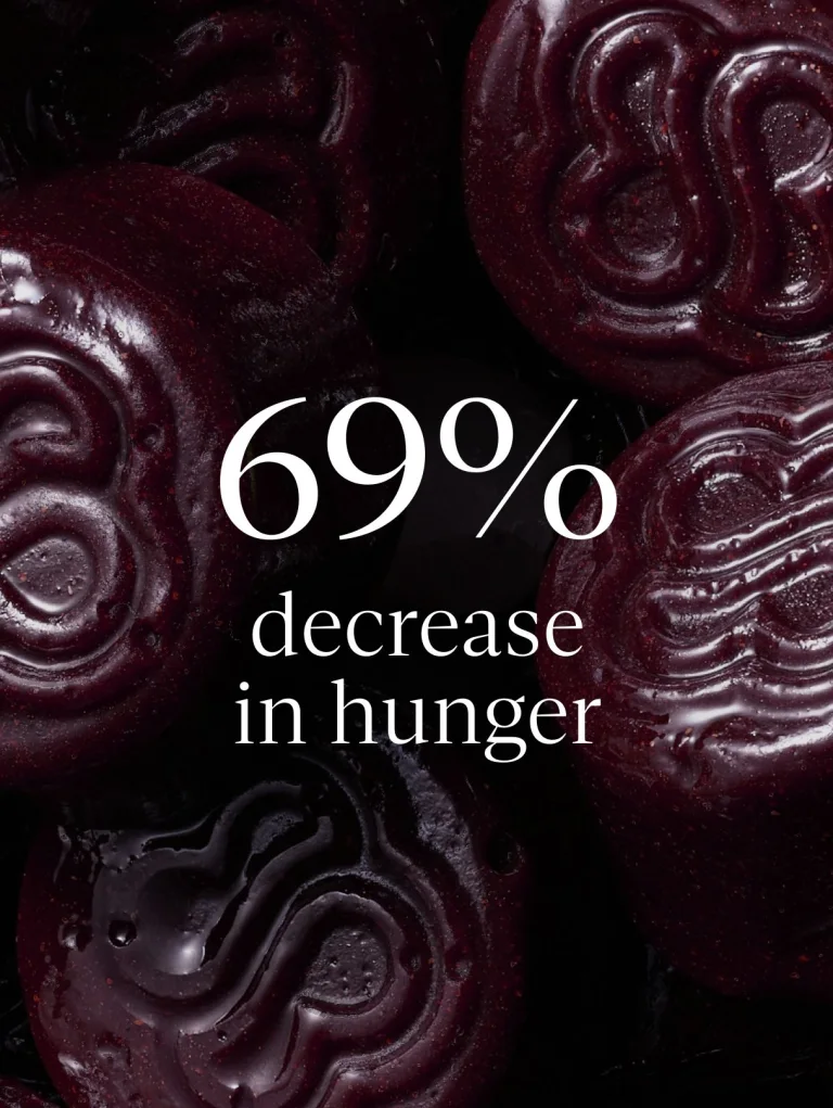 Sakara Metabolism Bite thermogenic gummies clinical graphic over close-up background of dark red gummies stating 69% decrease in hunger after 8 weeks