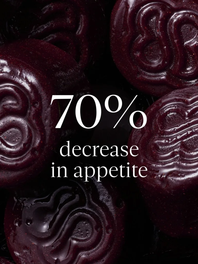 Sakara Metabolism Bite thermogenic gummies clinical graphic over close-up background of dark red gummies stating 70% decrease in appetite after 8 weeks