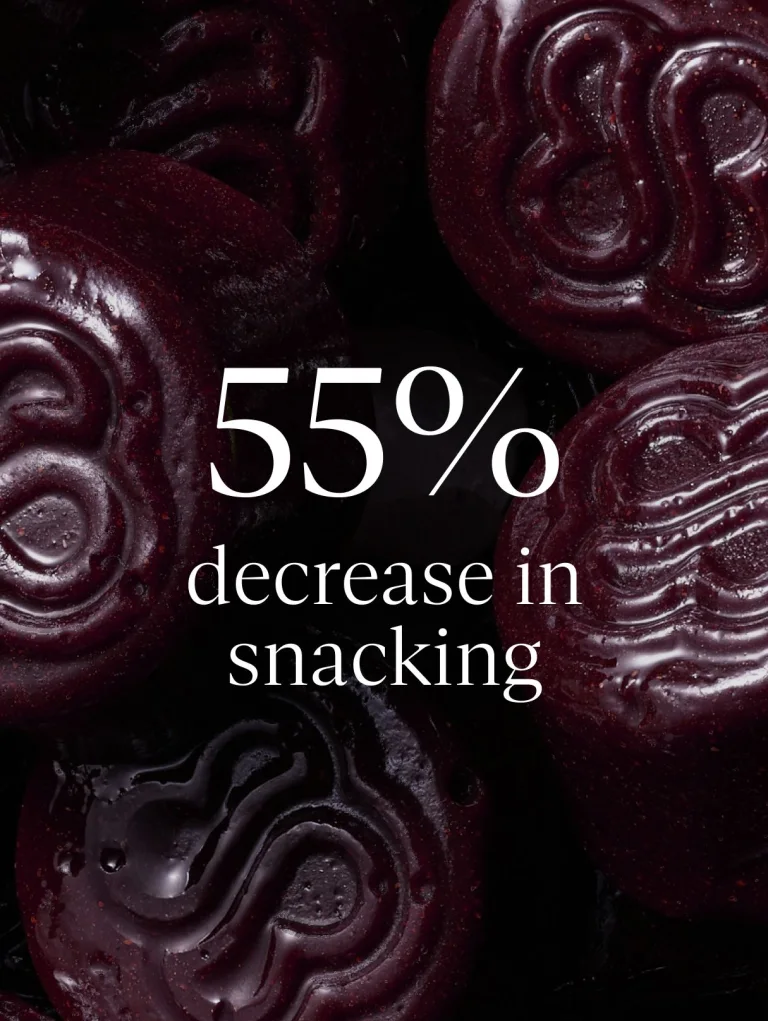 Sakara Metabolism Bite thermogenic gummies clinical graphic over close-up background of dark red gummies stating 55% decrease in snacking after 8 weeks