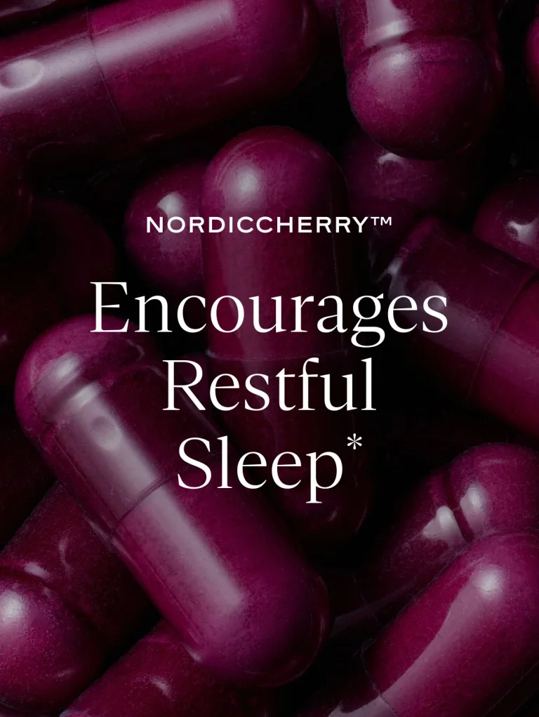 Sakara Night Service sleep support capsules shown as glossy purple capsules with text stating NordicCherry encourages restful sleep