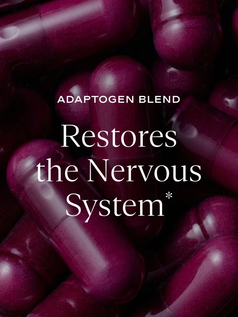 Sakara Night Service sleep support capsules shown as glossy purple capsules with text stating adaptogen blend restores the nervous system