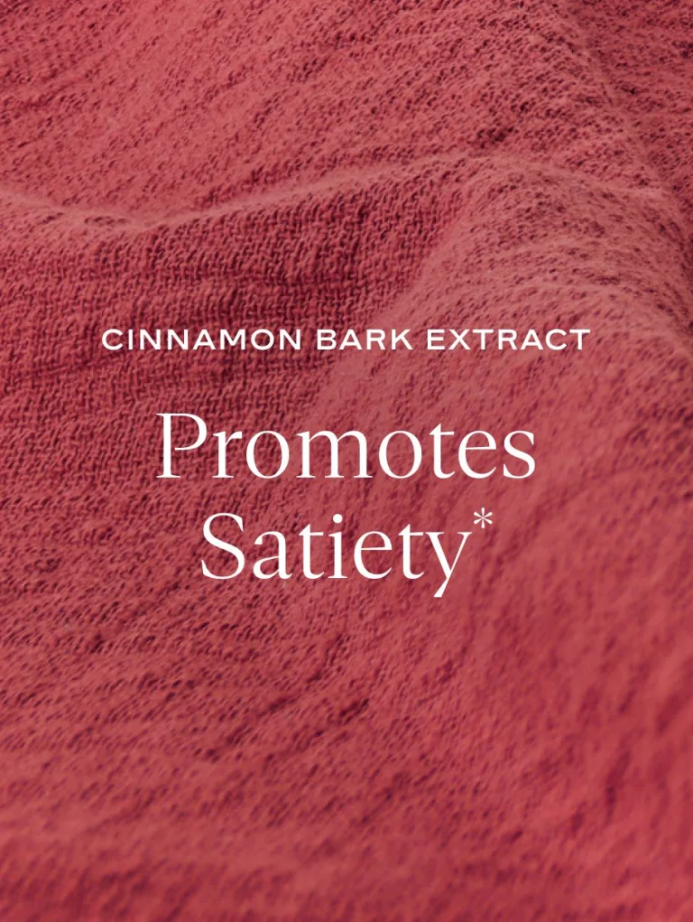 Sakara Metabolism Super Powder benefit card stating Cinnamon Bark Extract promotes satiety, displayed on a textured cocoa powder background.