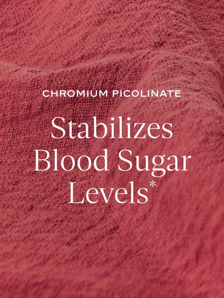 Sakara Metabolism Super Powder benefit card stating Chromium Picolinate stabilizes blood sugar levels, displayed on a textured cocoa powder background.