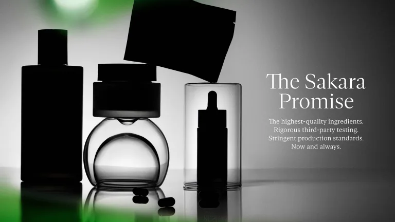 Sakara brand image with visible text reading “The Sakara Promise” and claims including “The highest-quality ingredients,” “Rigorous third-party testing,” and “Stringent production standards,” shown beside silhouetted outlines of Daily Elixir bottle, Metabolism Bite jar, Night Service pouch, and Cell Reset dropper bottle.