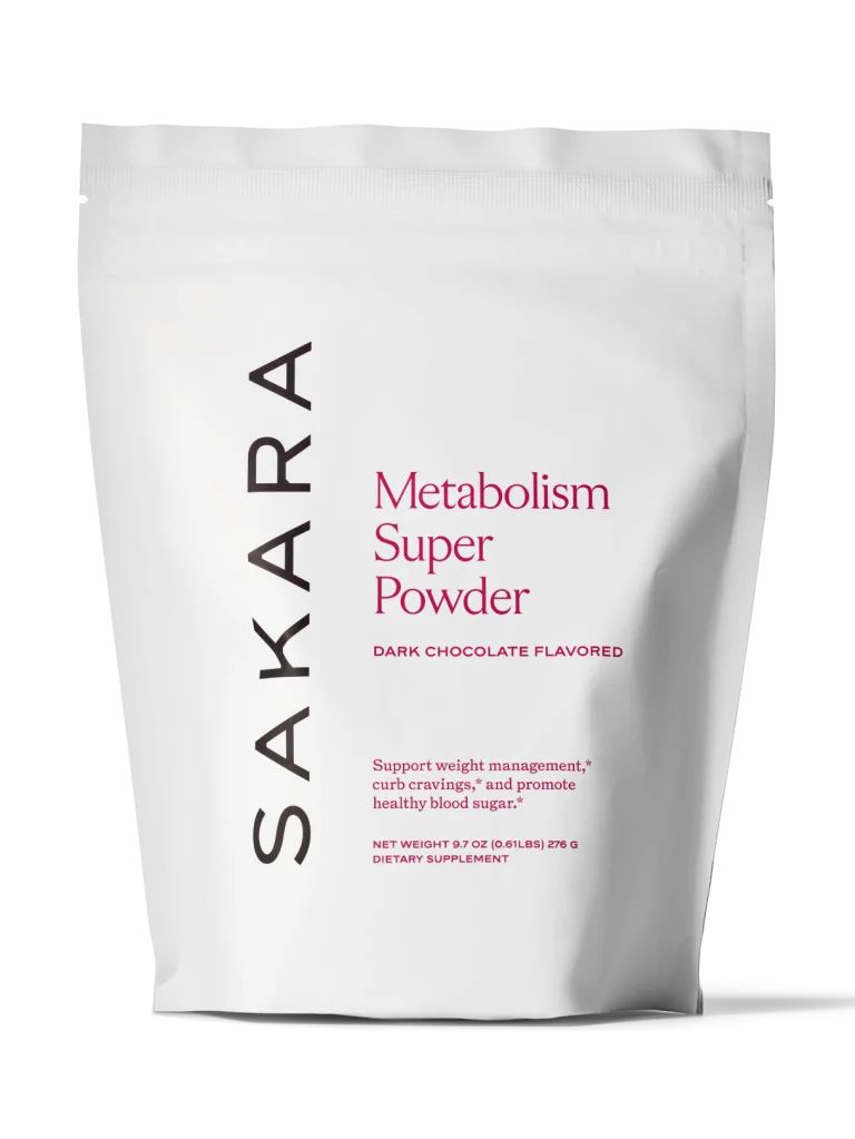 Sakara Metabolism Super Powder resealable white pouch with red text on a white background.