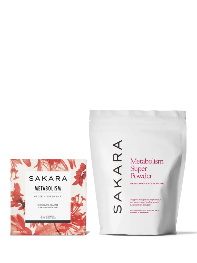 Sakara Metabolism Duo featuring Metabolism Super Powder in a white pouch and Metabolism Protein Super Bar in red floral packaging.