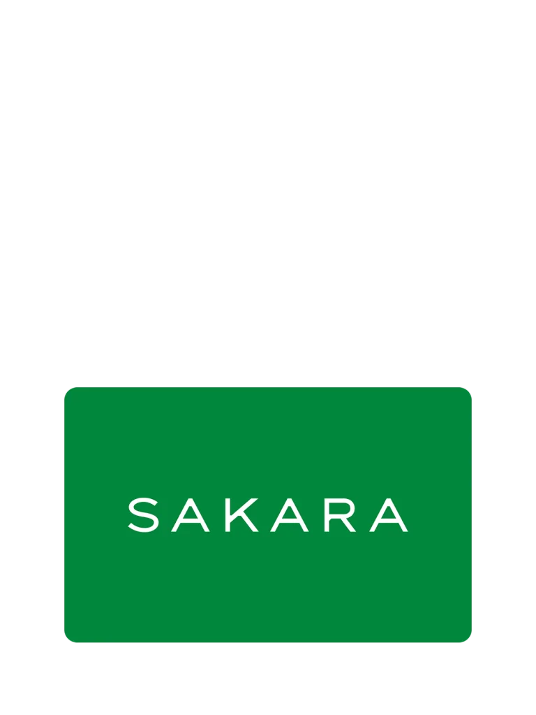 Sakara digital gift card displayed as a green rectangular card with white Sakara logo centered on a neutral background.