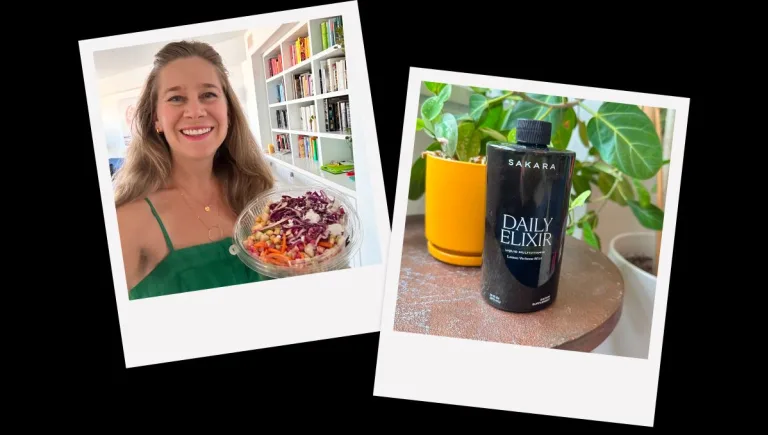 Two Polaroid-style photos showing a woman holding a bowl of food and a bottle labeled Daily Elixir against a black background.