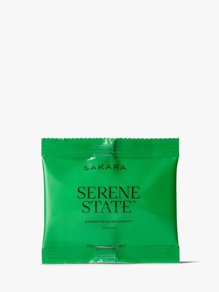 Sakara Serene State stress release gummy sample in bright green single-use pouch, wildberry flavor, dietary supplement containing 2 gummies.