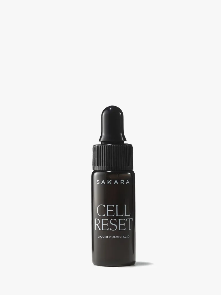 Sakara Cell Reset liquid fulvic acid deluxe sample in dark glass dropper bottle with black cap, 0.17 fl oz.