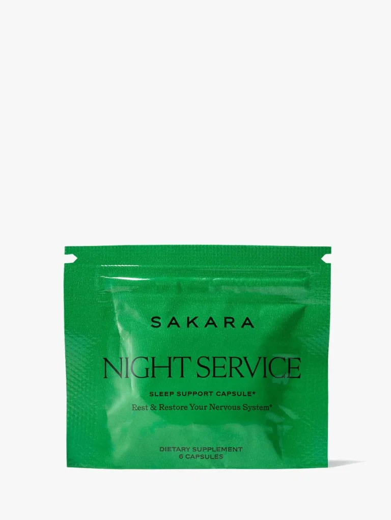 Sakara Night Service sleep support capsule deluxe sample in bright green pouch, dietary supplement, 1 pack containing 6 capsules.