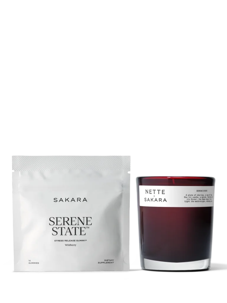 Sakara Serenity Duo with Serene State gummies and a Nette candle shown on a grey background.