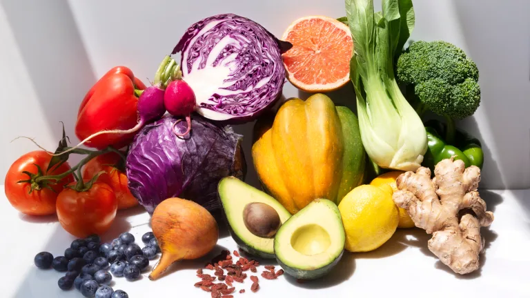 Assorted fresh fruits and vegetables including cabbage, citrus, squash, avocado, ginger, tomatoes, radishes, and blueberries arranged against a white backdrop.