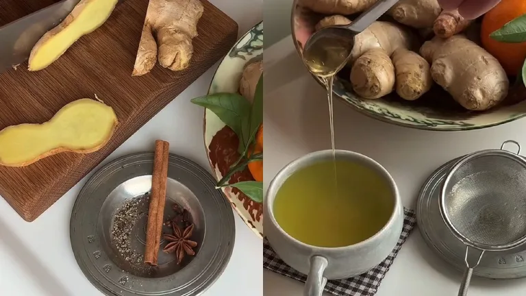 Ginger slices on a cutting board and honey being poured into a cup of tea with cinnamon and spices nearby.