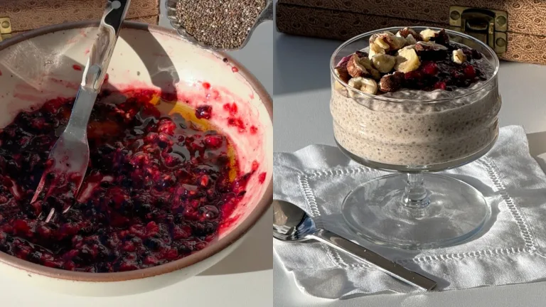 Two-panel image showing berry compote being stirred and a chia pudding parfait topped with nuts and dried fruit.
