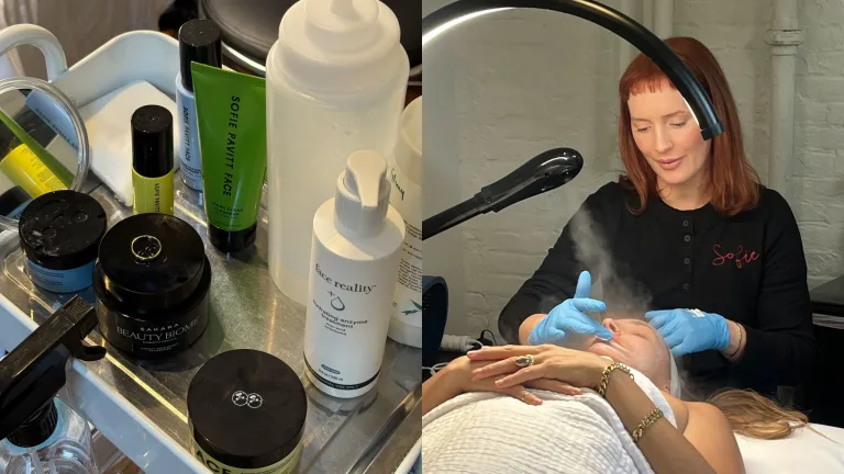 Skincare products arranged on a tray beside Acne Skincare Whisperer Sofie Pavitt performing a facial treatment on a client.