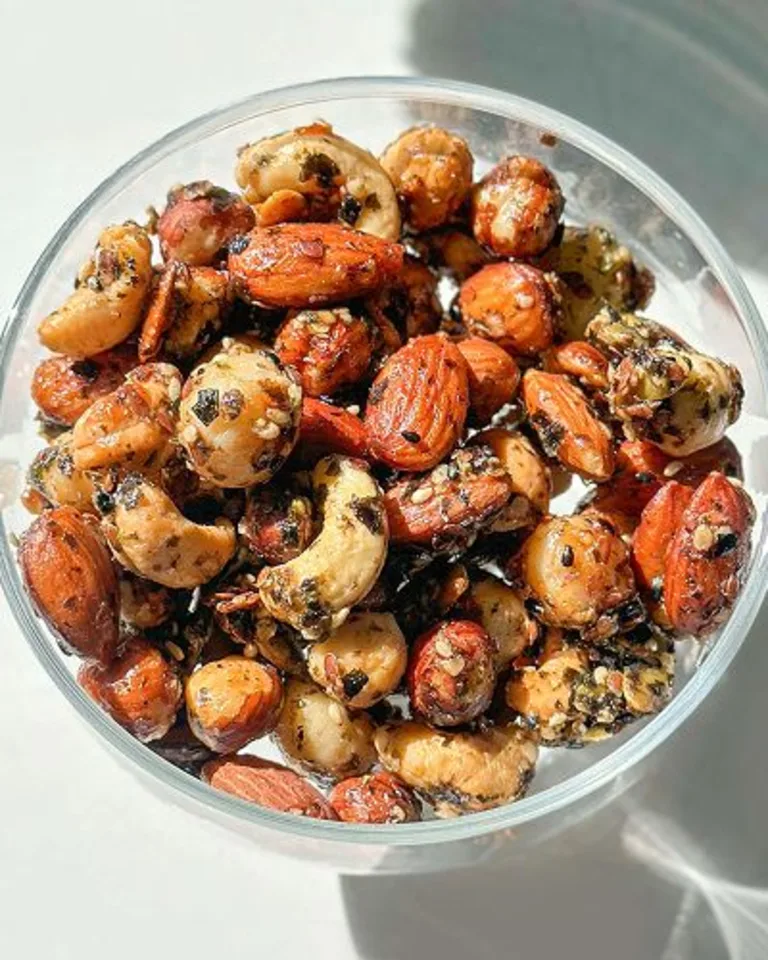 Bowl of mixed seasoned roasted nuts on a white surface.