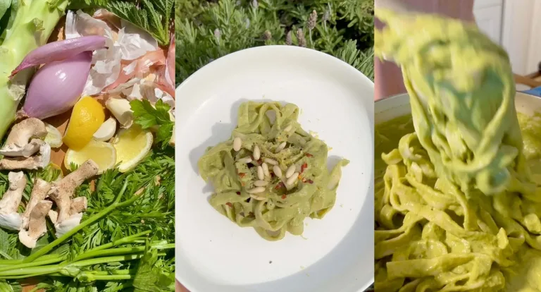 Three-panel image showing fresh herbs and vegetables, a plate of green pasta, and a close-up of creamy green sauce-coated noodles.