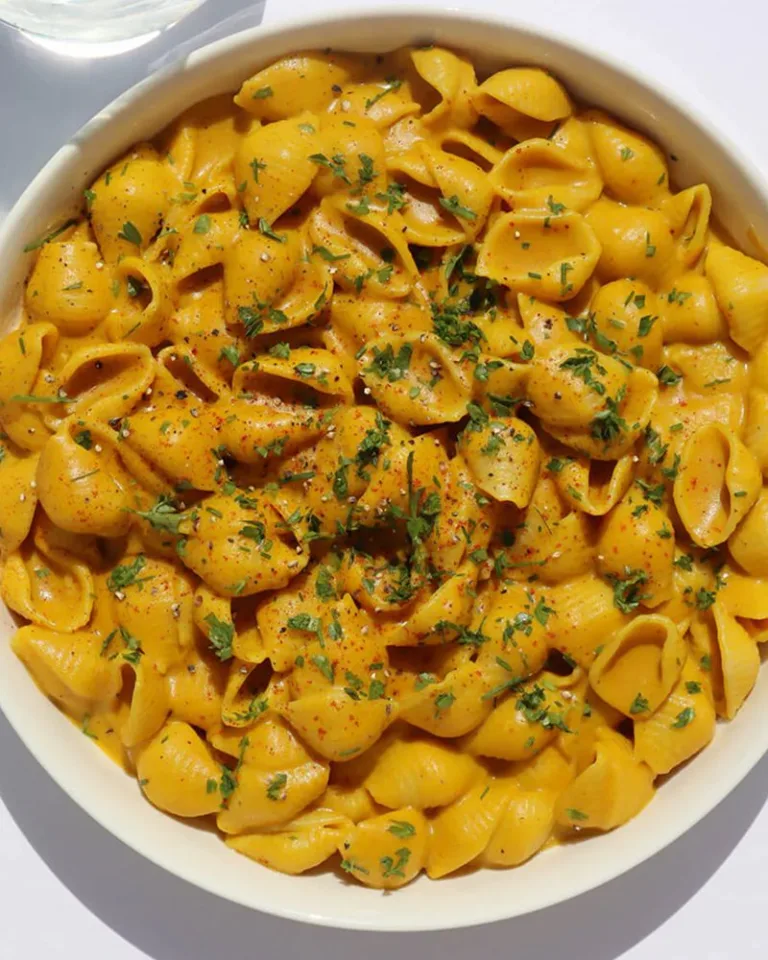 Bowl of shell pasta coated in vegan cheese sauce and garnished with herbs.