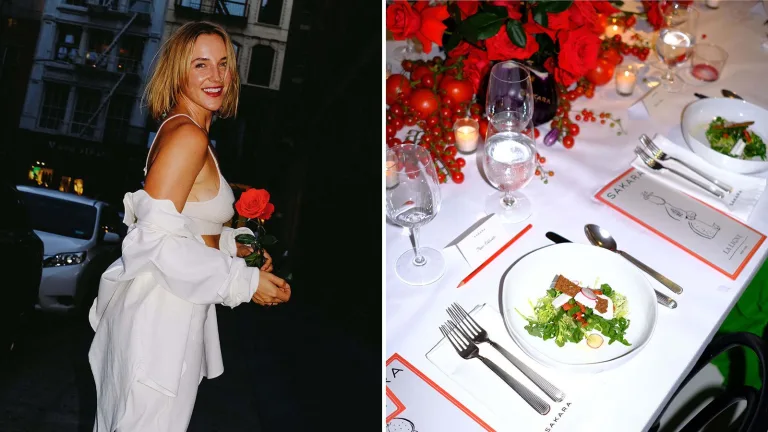 Sakara co-founder, Danielle DuBoise, outdoors at night holding a red rose beside a set dining table from an exclusive Sakara event.