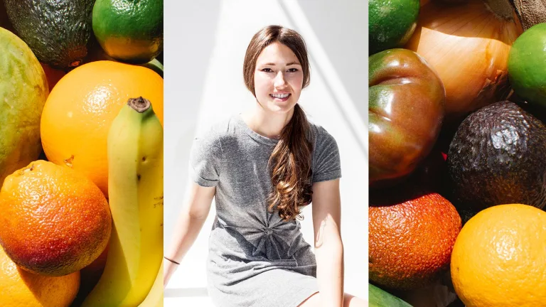 Portrait of a Sakara employee on a background of fresh produce.