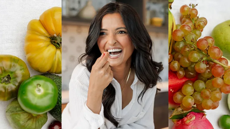 Chef Palek Patel portrait smiling in her kitchen, overlayed on an image with fresh produce, including tomatoes and grapes.