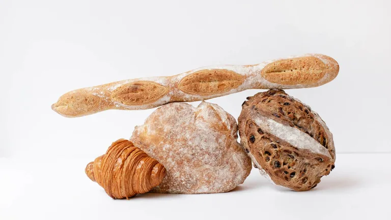 Assortment of rustic baked breads including baguette, round loaf, multigrain loaf, and croissant on a white background.