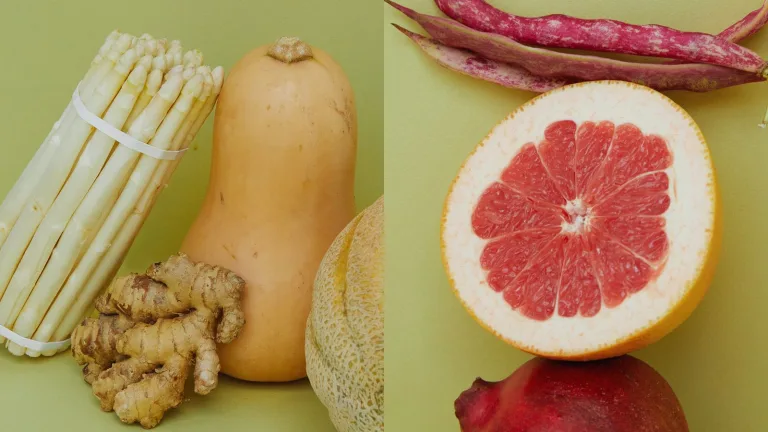 Arrangement of asparagus, squash, ginger, grapefruit, and beans on a green background.
